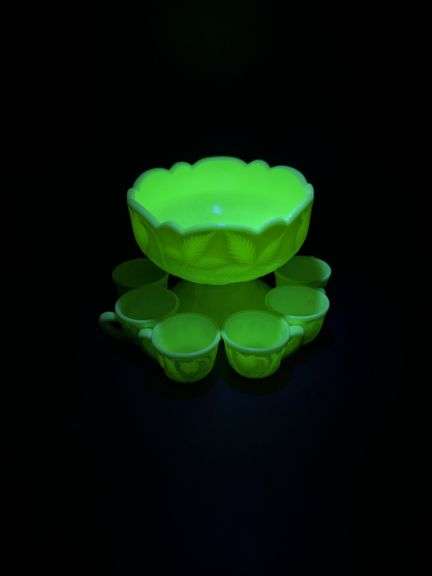 Vintage (approx. 1930’s) milk glass uranium miniature punch bowl and 6 cups…..bowl is 4-1/2”D x 3-1/2” tall…..cups are 1” tall image