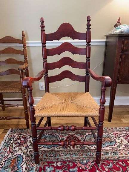Beautiful hard rock maple dining chair with rush seating….21-3/4 x 17 x 18 tall to seat (44 tall overall)……comes with 2 pillows….has scuffed spot at top on back image
