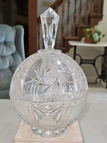 Unique Vintage 9" Cut Crystal Candy Dish w/Lid in excellent vintage condition except for small chip on top of handle... image