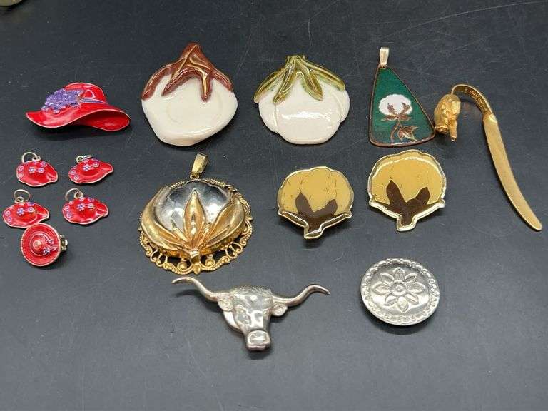 Grouping of vintage brooches…..Red Hat Society (brooch, charms), cotton bolls, button covers and vintage gold-tone cotton boll bookmark image