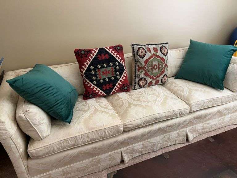 Set of (4) very nice throw pillows….2 are very soft green velvet and 2 are Kilim-like pillows…..17-1/2” & 18-1/2”…..SOFA NOT INCLUDED image