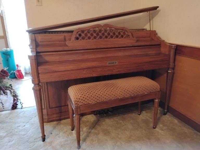 Vintage Kimball upright piano (#787653) with bench which has storage room...58-1/2w x 25deep x 40 tall image