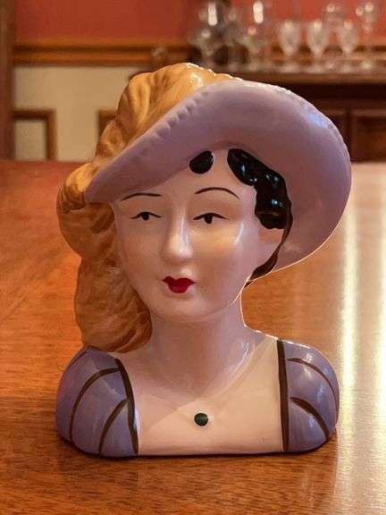 Vintage Unmarked Hand Painted Ceramic Bust of Victorian Lady with Feathered Hat…..6” tall image