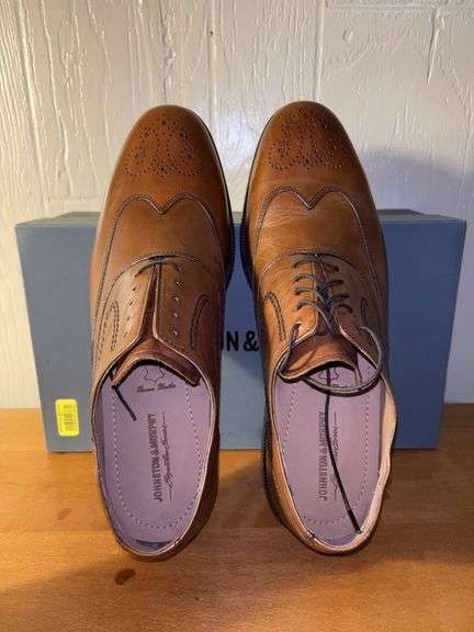 NIB pair of men’s Johnston & Murphy Stratton Wing Tip Tan Calfskin shoes…..size 11M image