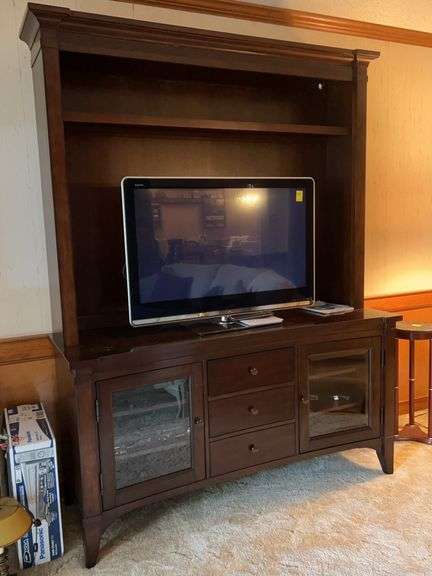 Gorgeous Hooker Furniture mahogany home entertainment center with beveled glass doors, 3 drawers (top has drop down front)……65 x 22-1/2 x 86 tall and is 2 pieces for transport image