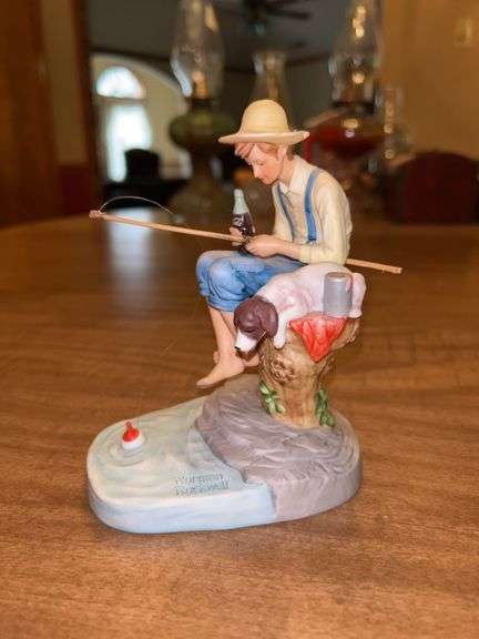 Coca-Cola Norman Rockwell porcelain “Out Fishin” 100th Anniversary Commemorative Edition Figurine on wood base in original box (box has damage)…..5-1/2” tall image