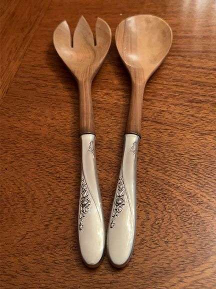 Pair of Easterling Rose Spray Sterling Handled and teal wood salad servers image