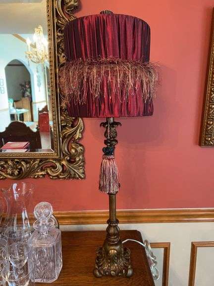Victorian-style table lamp with a pleated, fringed shade…..gorgeous piece…..30” tall image