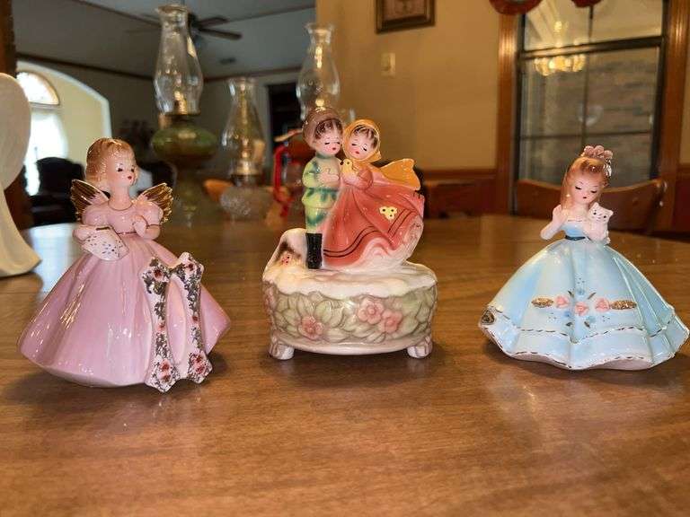 Grouping of (3) Vintage Josef Originals…..11th Birthday Angel Girl Figurine, Lara’s Theme Music Box and Pet Series Girl in Blue Dress holding kitten image