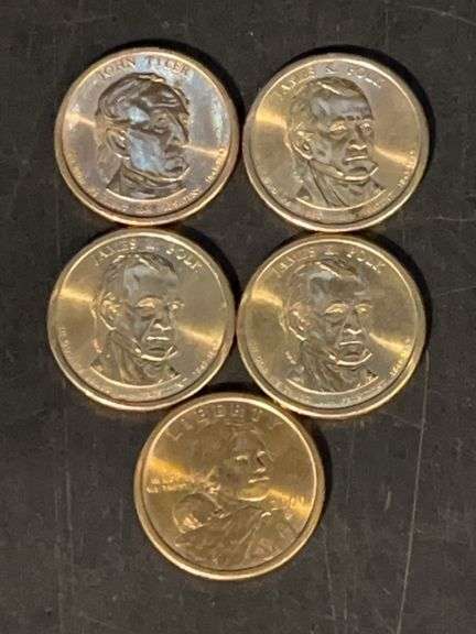 Grouping of (4) brass-clad presidential dollars and (1) brass clad 2000-P Sacagawea dollar image