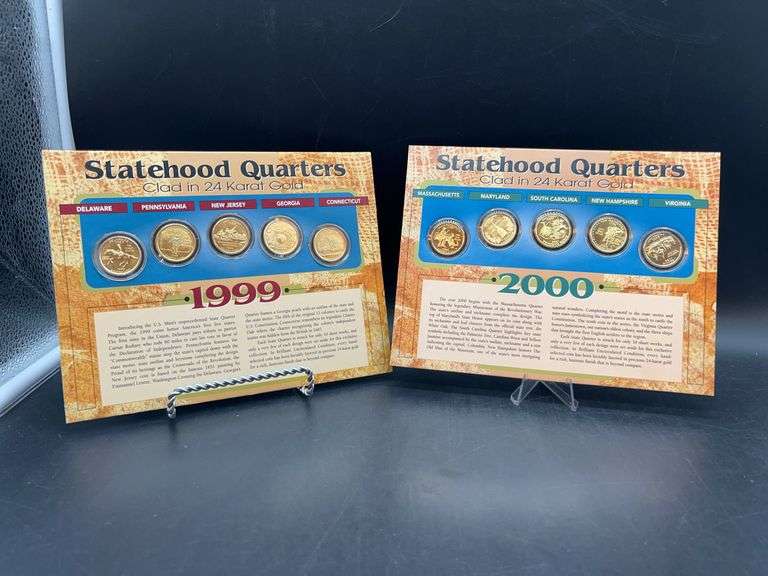 1999 and 2000 Statehood Quarters Clad in 24K Gold with COA printed on display card…..each card lists information about each state as well as image