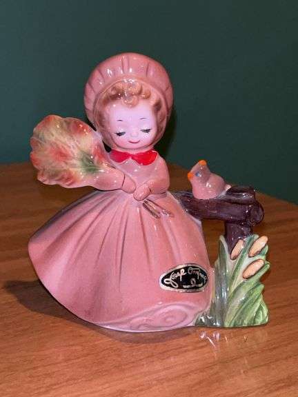 Vintage Josef Originals Autumn Girl with Harvest & Bird on Fence…..4-1/4” tall image