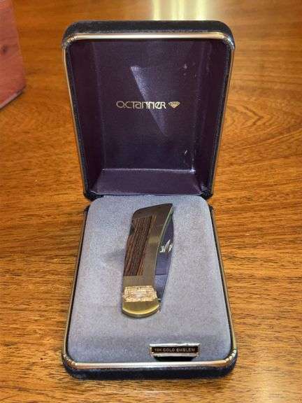 OC TANNER Gerber Portland, OR 97223 Lock Back Folding Knife with 10K gold emblem and clear stone….brass handle and original velvet case image