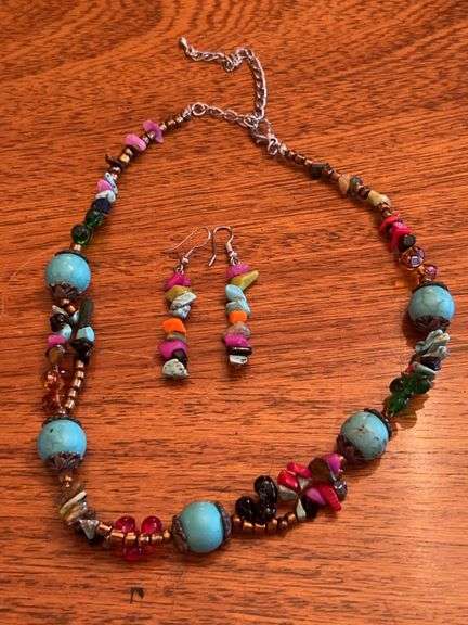 Turquoise and other mixed stone necklace with matching dangle stone earrings image