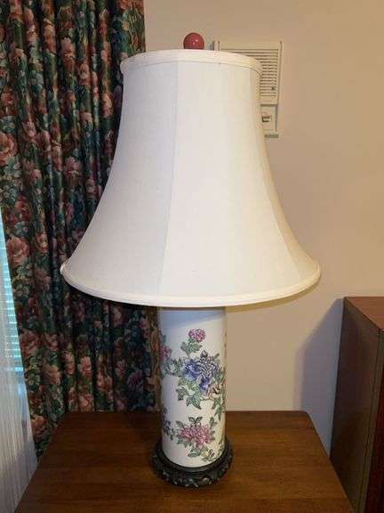 Porcelain base lamp with raised floral design and elegant flare shade and porcelain finial…..27-1/4 tall image