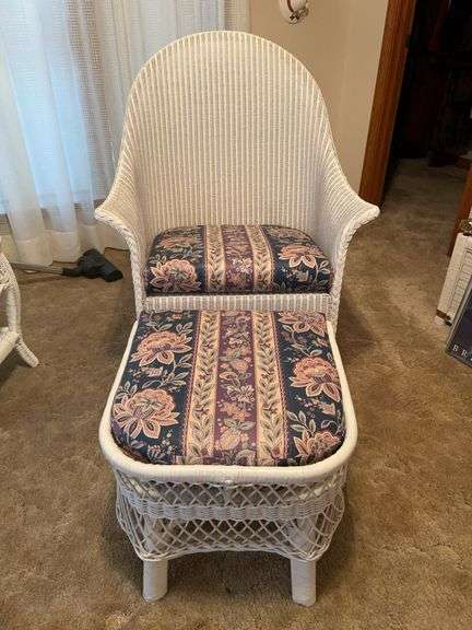 Gorgeous white wicker rocker with matching foot rest…..29 x 20 x 39 tall overall…..foot rest is 20 x 20 x 16 tall image
