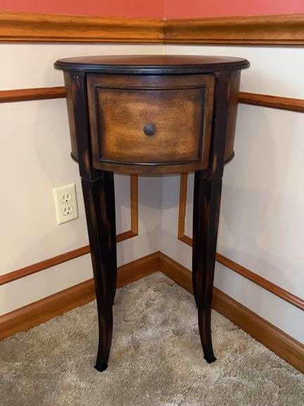 Regency-style mahogany and oval wood side table with single drawer…..16-1/2 x 13 x 30 tall image