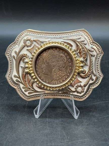 Silver and gold tone ornate belt buckle with 1921 Morgan Silver Dollar image