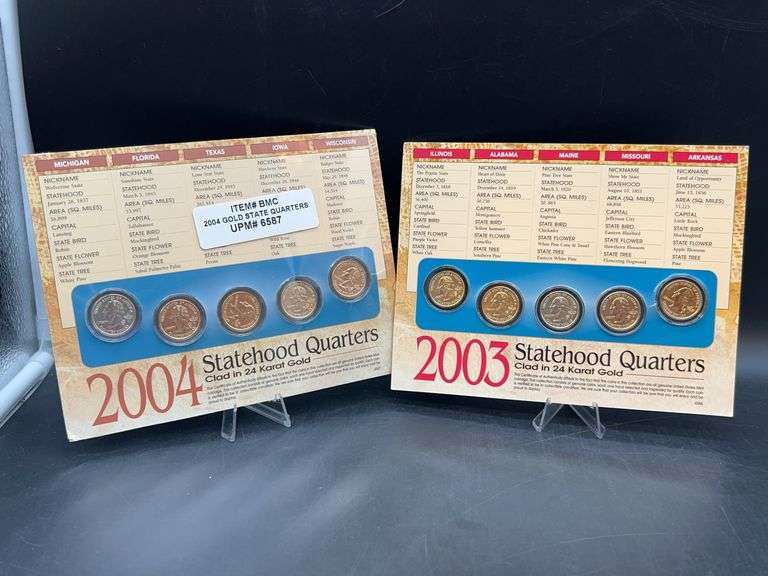 2003 and 2004 Statehood Quarters Clad in 24K Gold with COA printed on display card…..each card lists information about each state as well as image