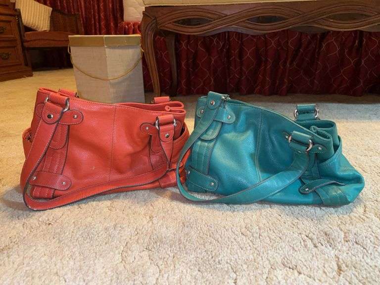 (2) Tignanello genuine coral and teal pebbled leather shoulder bags…..coral has a tag with 280812…..teal is 281212 image