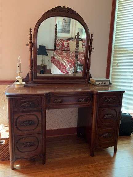Vintage Davis Cabinet Co. black walnut Victorian-style kneehole vanity with mirror…..49-1/4 x 20-1/4 x  approx. 65 tall…..OTHER CONTENTS NOT INCLUDED image