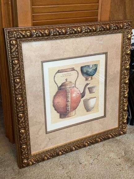 Beautifully framed and matted Asian print of teapot and cups…..Lung Ching ‘Puits du dragon’…..signed L. David…..21-1/2 square image