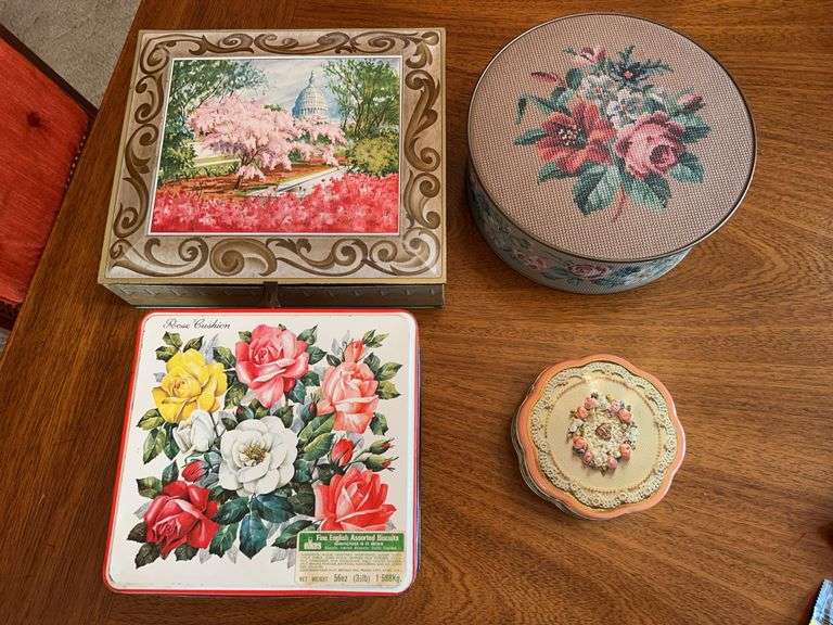 (4) vintage various size and design tins…..round has tapestry appearance image