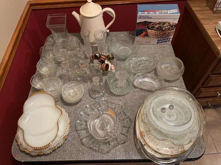 Table full of clear glass pieces…..serving pieces, candlesticks, divided servers and much more image