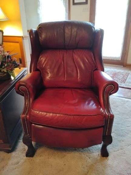 Bradington-Young maroon/red leather manual recliner with ball & claw front feet...33 1/2w x 20 deep x 42 tall...does show wear but lots of life left image