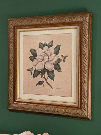 Beautifully framed and matted magnolia and hummingbird print by N.J. Shumaker-Pallan….25-1/2 x 27-1/2 image