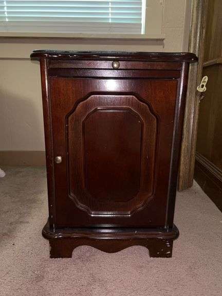 Powell cherry finish side table with pull out shelf and bottom storage…..14 x 22 x 20 tall….blemishes from normal use image