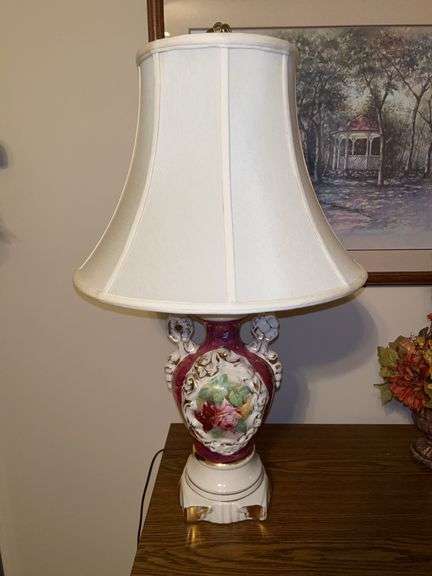 Vintage "Ulrich" Victorian Urn-Style Lamp with Floral Design, elegant flared shade and brass finial…..26-1/2 tall….gold accents are peeling in places