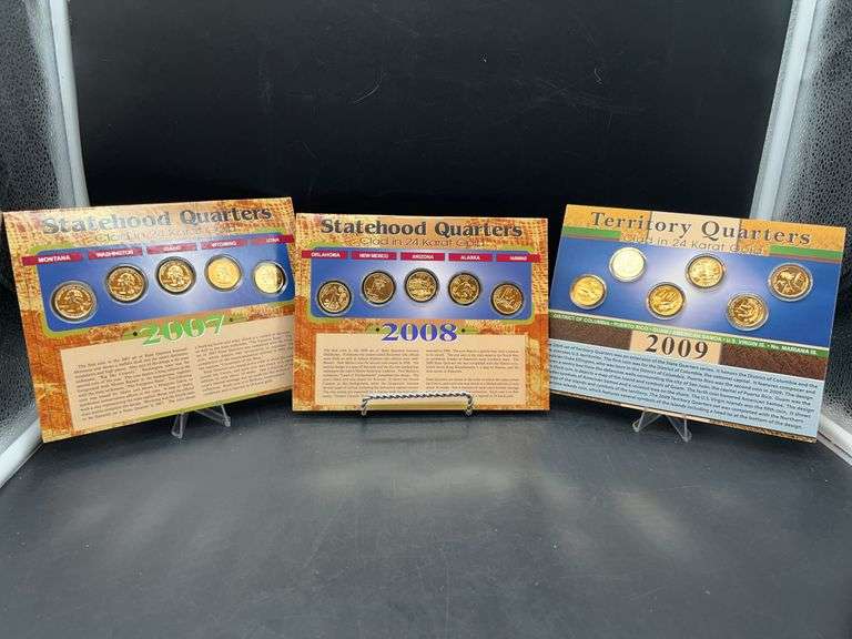 2007/2008 Statehood Quarters and 2009 Territory Quarter Clad in 24K Gold with COA printed on display card…..each card lists information about each state as well as image