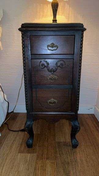 Antique mahogany tall skinny 3-drawer nightstand…..14 x 18 x 33-1/2 tall…..OTHER CONTENTS NOT INCLUDED image