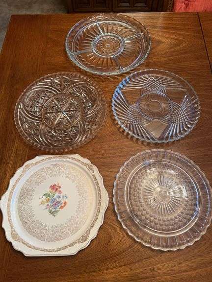 Grouping of 4 clear glass and 1 China serving platters image