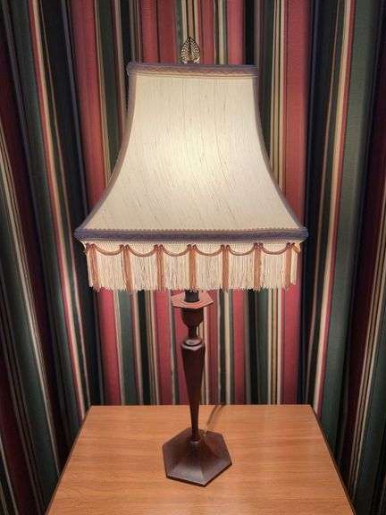 Gorgeous metal candlestick base lamp with beautiful Silk-O- Lite tasseled shade….21-3/4” tall image