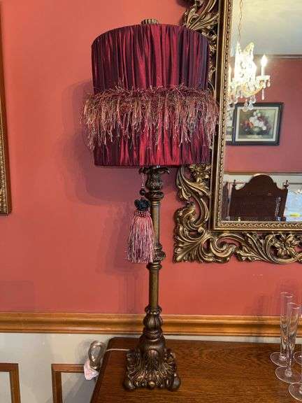 Victorian-style table lamp with a pleated, fringed shade…..gorgeous piece…..30” tall image