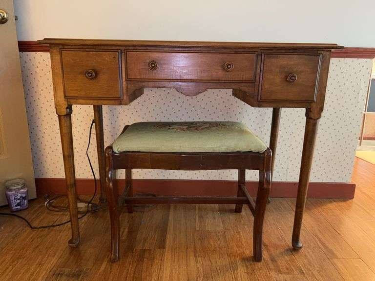 Vintage Davis Cabinet Co. vanity and stool with tapestry seating (needs cleaned)…..vanity measures 38 x 18-1/4 x 31 tall….stool measures 20 x 17 x 18 tall image