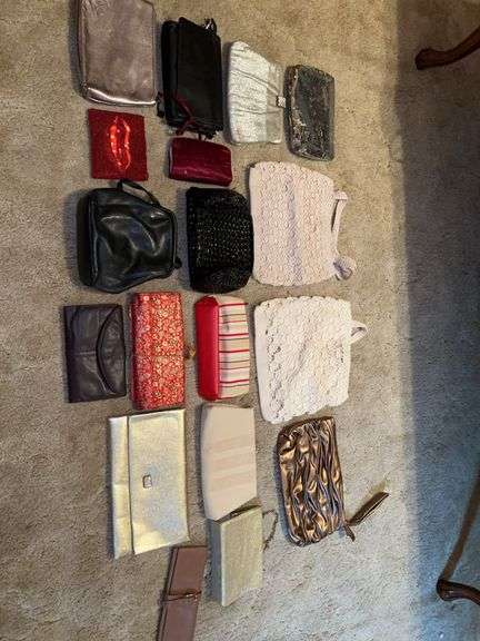 Large grouping of ladies wallets, clutch bags, small evening bags, crocheted bags and more image