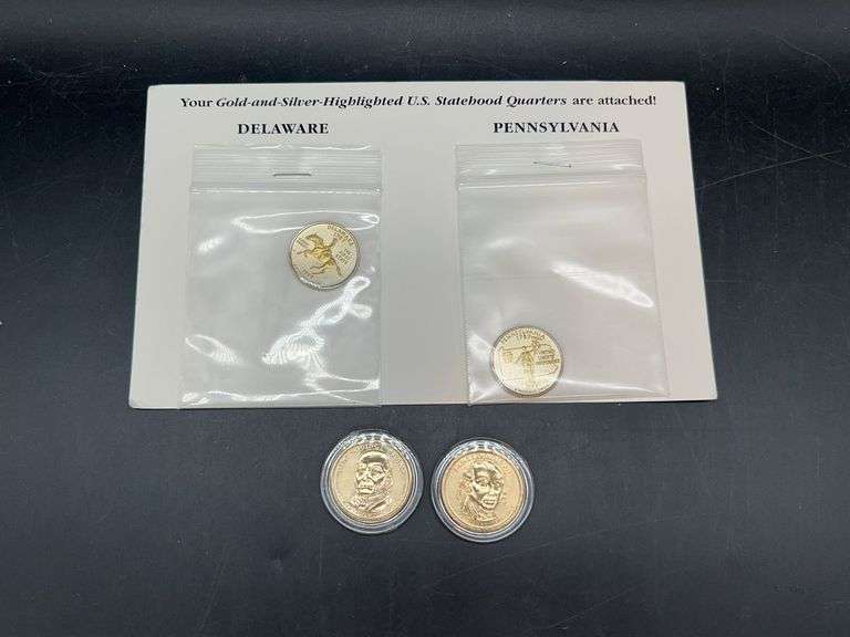 (2) gold and silver highlighted Statehood Quarters and (2) 24K Gold Clad Presidential Dollars (John Quincy Adams and James Madison) image