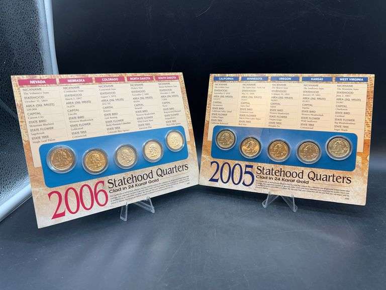 2005 and 2006 Statehood Quarters Clad in 24K Gold with COA printed on display card…..each card lists information about each state as well as image
