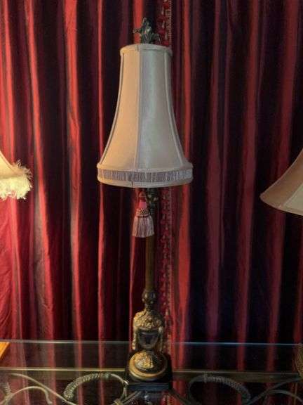 Nice candlestick lamp with metal/resin base and elongated elegant shade…..33-1/2” tall image