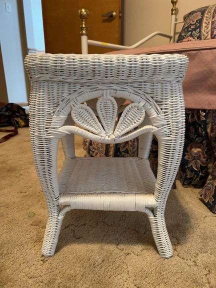 Nice looking white wicker side table…..14” square x 20” tall image