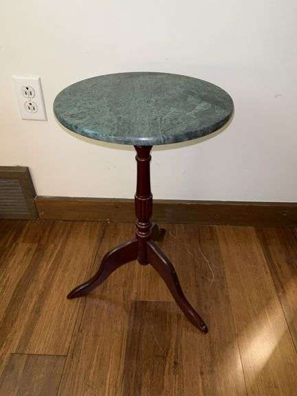 Quaint smaller green marble top candle/plant stand…..11-3/4”D x 19-1/2” tall image