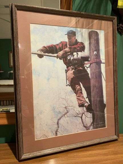 Framed print inspired by Norman Rockwell's iconic painting, "The Lineman”…..19-1/2 x 24-1/2 image