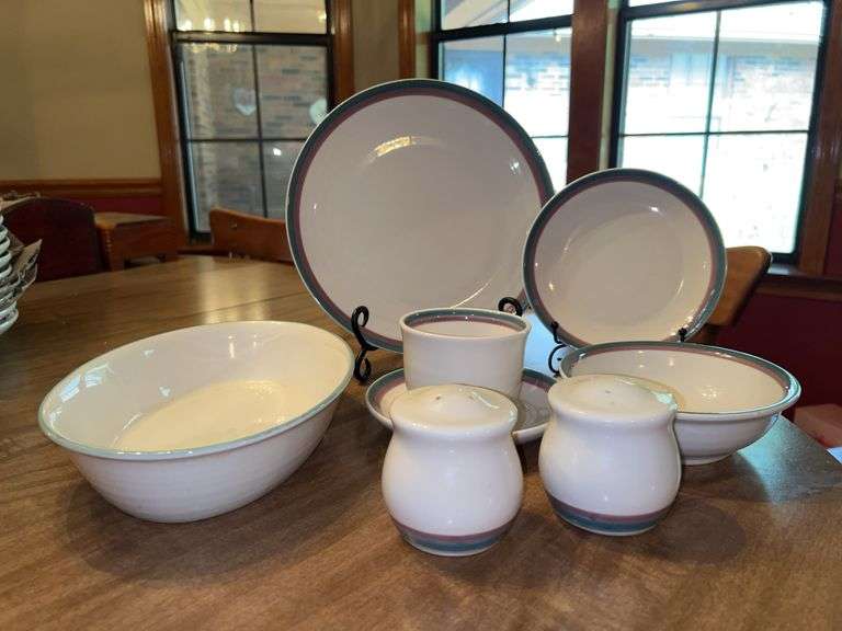 54 pieces of Pfaltzgraff Juniper Stoneware…..13 dinner plates, 12 dessert plates, 9 bowls, 9 saucers, 8 cups, 1 serving bowl, s/p shakers image