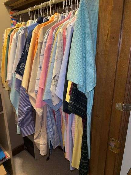 Contents of right side of upstairs closet…..sizes M/L/XL…..brands include Drake, Carhartt, Stafford, Croft & Barrow, Titans Team Apparel, Ralph Lauren, L.L. Bean and more….most are either freshly ironed or dry cleaned image