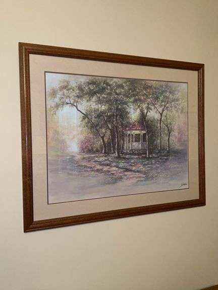 Vintage signed Sambata Framed Print…..Gazebo/Trees/Road…..30x24 image