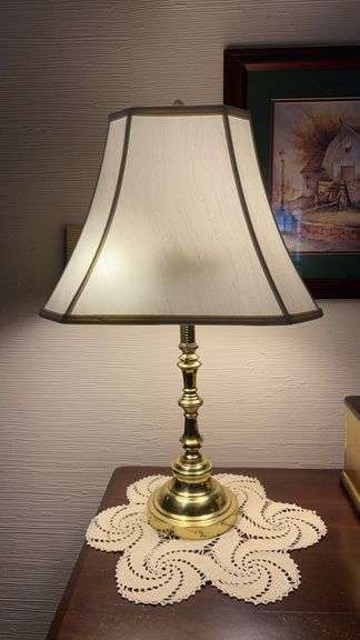 Very nice brass base table lamp with white flared shade…..25-1/4 tall image