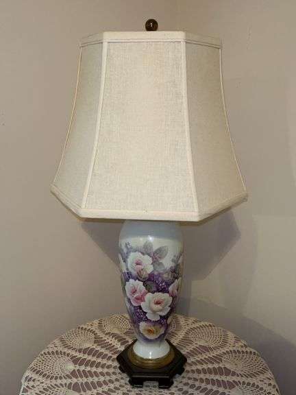 Very nice ceramic base lamp with rose pattern decor and soft fabric shade…..25-1/2” tall image